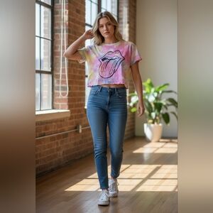 VINTAGE ROLLING STONES - Multi Colored Tongue 👅 Tie Dye Crop T-shirt